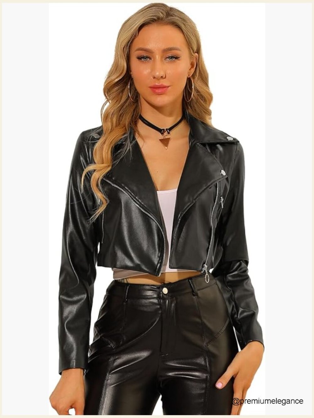Faux Leather Moto Cropped Jacket Long Sleeve Zip Up Straight Fit